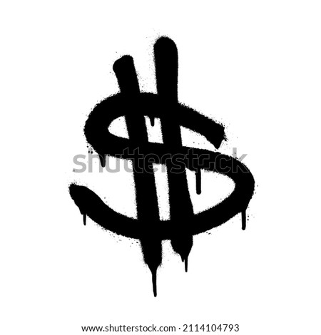 Currency icon of dollar. Black spray graffiti symbol of currency with smudges over white background. Vector illustration.