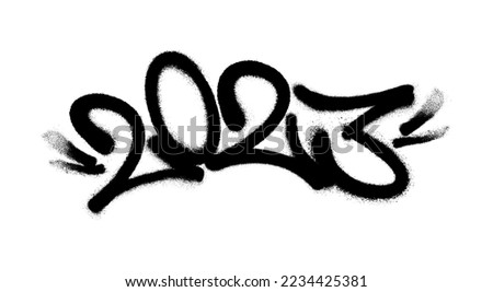 Sprayed 2023 tag gfont graffiti with overspray in black over white. Vector illustration.