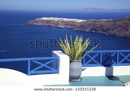 green plants sitting on the balcony with the Aegean sea as background
