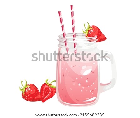 Strawberry cocktail on a white background.A summer refreshing drink in a jar with a straw and fresh strawberries.Vector illustration.