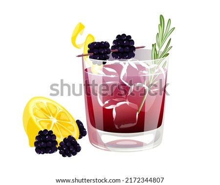 Bramble cocktail. Alcoholic drink with ice, lemon juice and blackberries.A summer refreshing drink.