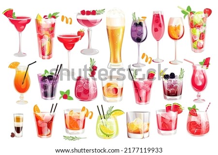 Cocktail set.Classic alcoholic beverages.Cocktails with strawberries and blackberries, margarita, Old fashion, American, Bi-52, cocktails with watermelon, a glass of beer, whiskey, Clover club.