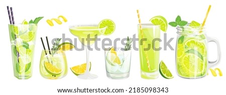A set of cocktails with lime.Refreshing drinks, Caipirinha, gin and tonic, classic mojito, margarita, lime juice, lemonade in a jar. Vector illustration.