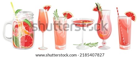 A set of grapefruit cocktails.Refreshing drinks, grapefruit juice, lemonade in a jar.Paloma cocktail, grapefruit martini.Vector illustration.