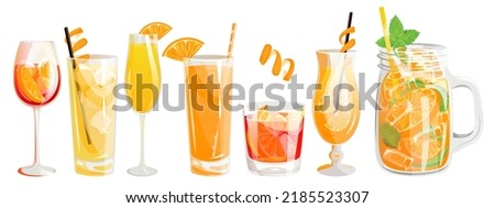 A set of cocktails with orange.Summer refreshing drinks in different glasses.Lemonade in a jar with orange, Mimosa, Negroni, orange juice, screwdriver.Vector illustration.