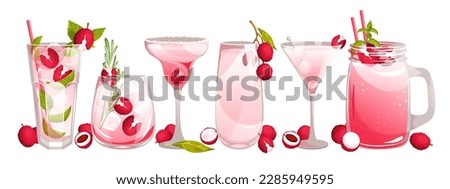 A set of cocktails with lychee.Juice, cocktails, martinis, mojito, margaritas with lychee fruit, mint, ice.Vector illustration. Foto stock © 