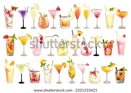 Collection of cocktails. Summer refreshing drinks with various fruits and berries. Vector illustration.