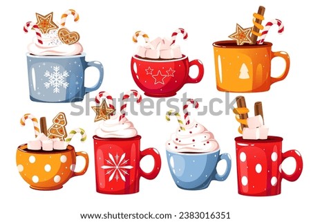 A set of hot chocolate in various mugs.Mug of hot chocolate, cocoa. Christmas drink with marshmallows, cinnamon, candies, gingerbread. Vector illustration.