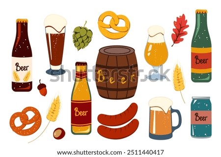 Oktoberfest beer festival set. Beer glasses, pretzels, beer, wheat, hop cones, barrel. Vector illustration.