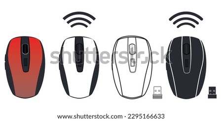 set of 4 wireless mouse with usb receiver for computer and laptop in filled solid color, black silhouette and outline isolated on white background