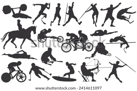 Set of 20 male athletes with disability vol.2. Cutout solid icons. Men sport player silhouettes vector illustration.