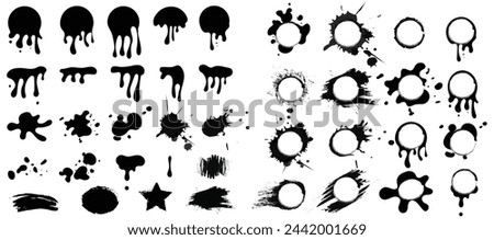 Set of black ink splatter and blot design elements. Ink splashes. Rough smears and stains. Adds a nice texture effect to designs. Hand-drawn vector isolated elements set.