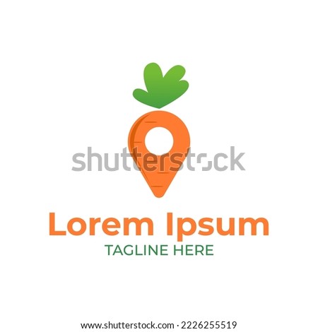 Logo design for locally grown farm fresh products. Food logo with carrot, leaf, fork and location point pin sign. Food symbol vector illustration.