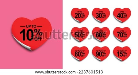 Valentine's day discount neon design. 10, 15, 20, 30,40,50, 60, 80, 90 percent off in red heart-shaped frames