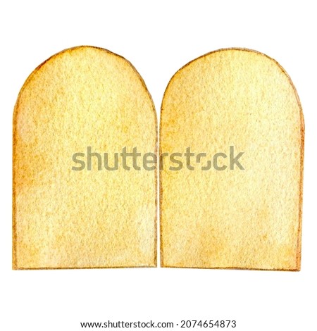 Two stone tablets, the Ten Commandments. Watercolor isolated on a white background. Texture.