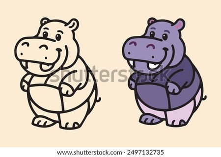 Charming hippo cartoon vector set featuring a cute purple hippo and its outline version. Ideal for children's projects, nursery art, and playful animal designs. Perfect for colouring and design use.