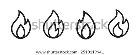 Simple and clean vector illustration set of fire flame icons in black and white, ideal for web design, app interfaces, warning signs, and graphic projects.