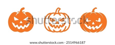 Bright orange jack-o'-lantern vector icons perfect for Halloween designs. Ideal for digital and print use.