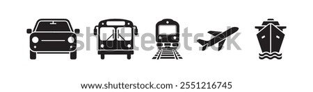 Vector icons of transportation modes including car, bus, train, airplane, and ship in a minimal black silhouette style. Perfect for travel, logistics, and design projects.