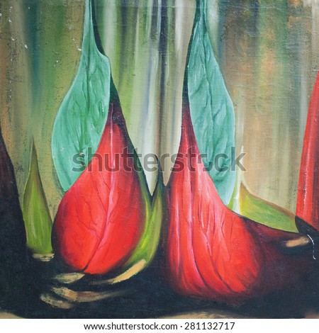 Abstract leaves red green, unusual angle view, Oil on canvas