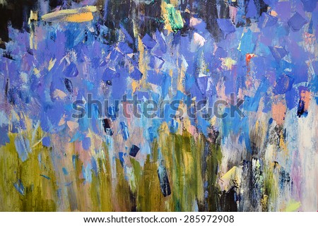 Irises, flower abstract, modern painting, deep blue color, palette knife, oil on canvas