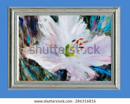 Lily, beige color, flower abstract, modern painting, palette knife, oil on canvas