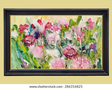 Peony, flower abstract, modern painting, palette knife, oil on canvas