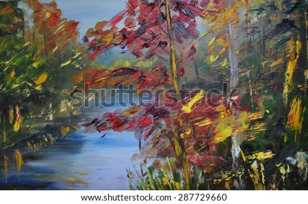 Autumn Lake, red maple, Legends of the Fall, Modern abstract painting, Oil on canvas