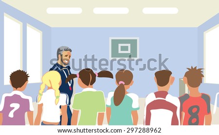 Physical education teacher at the college, school. School classroom illustration