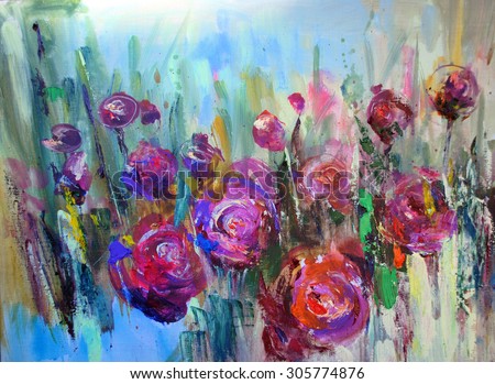 Peony flowering shrub, modern paintings, oil on canvas, expressive art picture, abstract landscape, contemporary art