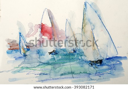 Watercolor yacht, sailing regatta, modern painting, contemporary art