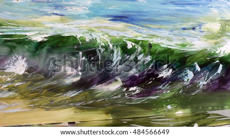 Seascape, sea coast, northern landscape seaside, cold waves, coastal pebbles, algae rocks. Oil on canvas, modern art, watercolor painting, modern contemporary art