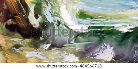 Seascape, sea coast, northern landscape seaside, cold waves, coastal pebbles, algae rocks. Oil on canvas, modern art, watercolor painting, modern contemporary art
