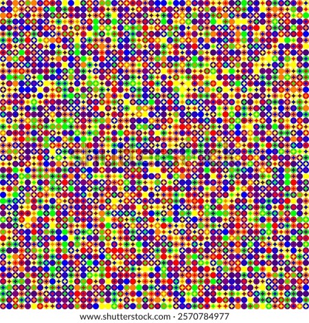 Plane filing grid 50x50 of not colored circles, inverse circles  and shifted inverse circles filled with random rainbow pallet