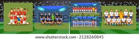 Big vector set of soccer teams. Young boys football team. Football Academy. players team before match. Players hold their hands on their breasts listening to their national anthem.