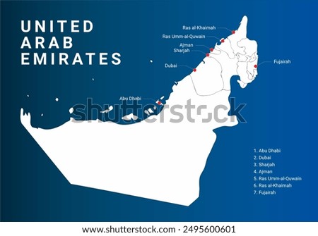 United Arab Emirates map, 7 Emirates of UAE map, UAE Outline map, Dubai, Abu Dhabi , Al Ain, Fujairah, Sharjah, Ras Al Khaimah, Umm Al Quwain Vector Illustration of UAE, UAE Drawing, Outline