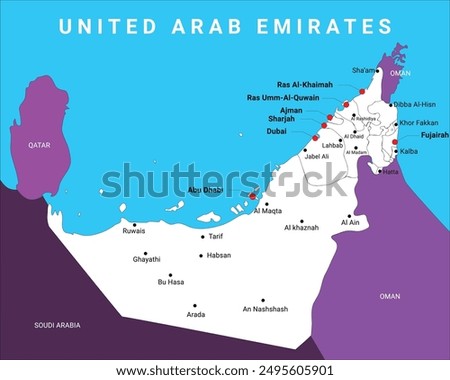 United Arab Emirates Vector map, Vector drawing of UAE, map outline drawing UAE,  7 Emirates of UAE, United Arab Emirates 7 Emirates map, Dubai, Abu Dhabi, Al Ain, Fujairah, Sharjah, Border Map, city