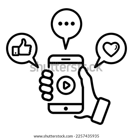 
Mobile Phone Line click likes, comments and loves Icon photo and video. Hand holding smartphone.