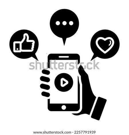 Mobile Phone click likes, comments and loves Icon photo and video. Hand holding smartphone.