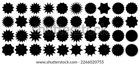 Set of black price sticker, sale or discount sticker, sunburst badges icon. Stars shape with different number of rays. Special offer price tag. Red starburst promotional badge set, shopping labels