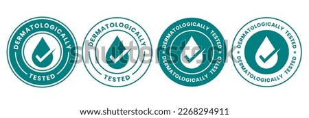 Set dermatologically tested vector label with water drop, leaf and hand logo. Dermatology test and dermatologist clinically proven icon for allergy free and healthy safe product package tag. Foto stock © 