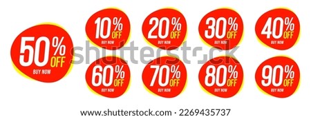 10%, 20%, 30%, 40%, 50%, 60%, 70%, 80%, 90%, Discount. Sale tags set vector badges template. Sale offer price sign. Special offer symbol. Discount promotion. Discount badge shape.