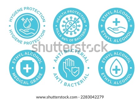 Kills 99.9% bacteria, germs and ethyl alcohol product label. Vector logo of alcohol gel and spray tag for product package.