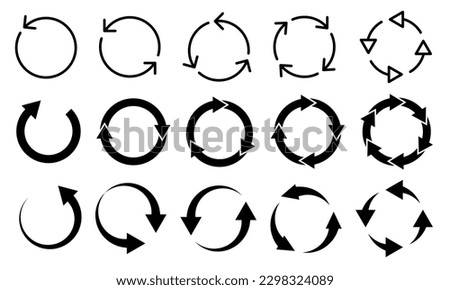 Set of circle arrows isolated on white background. Rotate arrow and spinning loading symbol. Circular rotation loading elements, redo process.