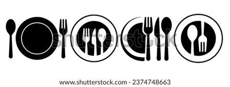 Set menu catering, restaurant, spoon, fork, knife and plate icon set in line. Tableware Vector illustration