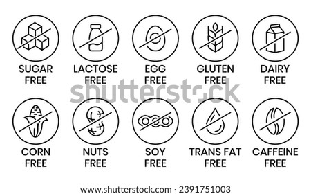Set allergen free icons. Allergen free products. Products warning symbols. Lactose, gluten, sugar, corn, egg, trans fat, soy, nuts free, coffeine sign.