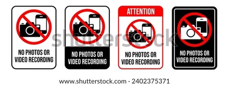 No Photo, video and phone prohibition symbol sign set. No photographing and filming prohibit icon logo collection.