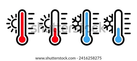 Temperature icon set. Temperature scale icon symbol. Weather sign. Thermometer icons. Hot and cold air temperature symbol in line and flat style for apps and websites, vector illustration