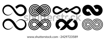 Infinity symbol. Vector logos set. Black contours of different shapes, thickness and style isolated on white. Symbol of repetition and unlimited cyclicity.