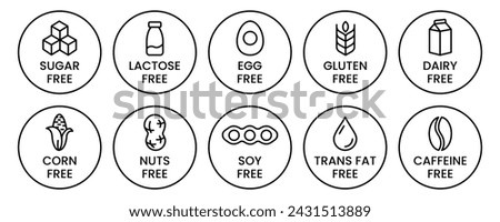 Set allergen free icons. Allergen free products. Products warning symbols. Lactose, gluten, sugar, corn, egg, trans fat, soy, nuts free, coffeine sign.